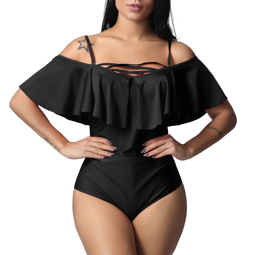 

Swimwear Women Plus Size Padded Strap One Piece Swimsuit Ruffle Bathing Suit Women Patchwork Solid Maillot De Bain Femme 2019