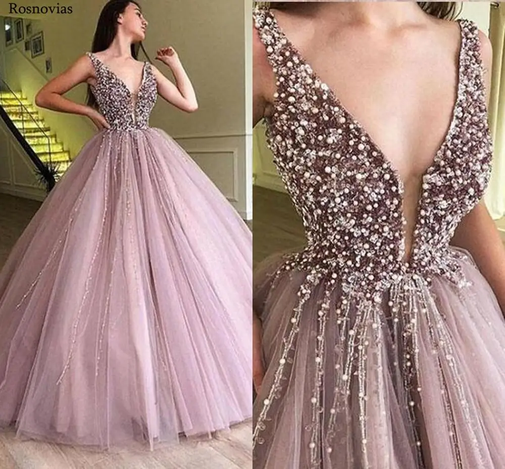 

New Beaded Evening Dresses For Women 2019 Ball Gowns Deep V Neck Backless Floor Length Formal Party Prom Gown Robe De Soirйe