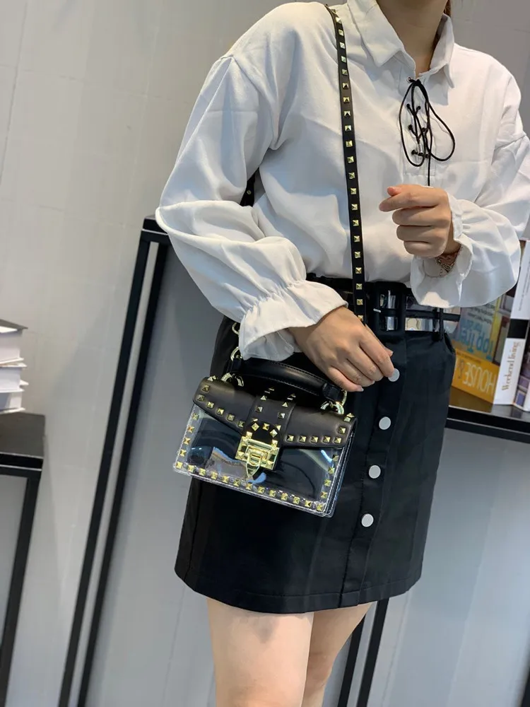 

2019 spring and summer new women's bag Korean version of the rivet jelly small square bag transparent bag handbag ladies single