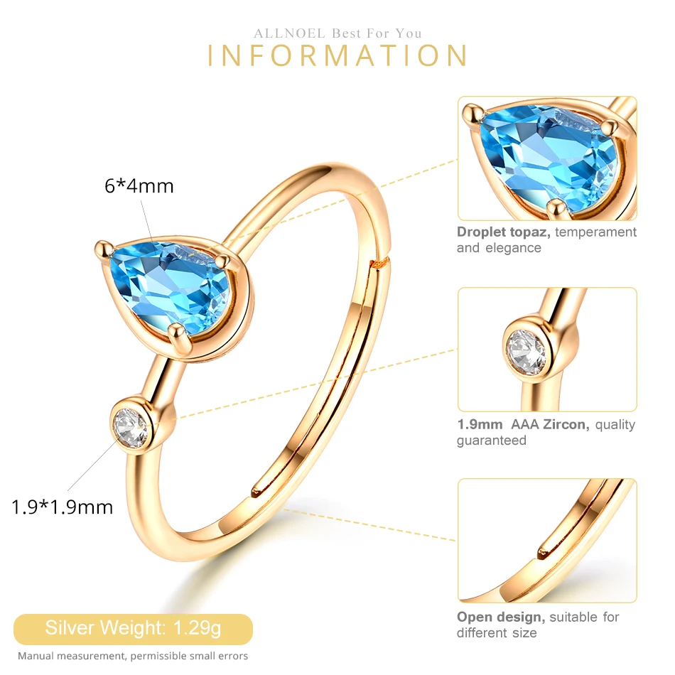 ALLNOEL Solid 925 Sterling Silver Gold Ring For Women 100% Natural Blue Topaz Heart Gemstone Stacking Rings Luxury DIY Jewelries (3)