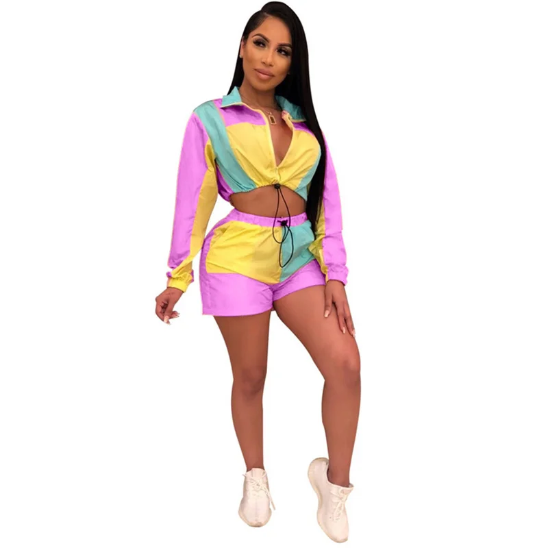 Contrat Color Sexy Two Piece Sets Tracksuit For Women Zipper Up Long Sleeve Crop Top And Bodycon Shorts Casual 2 Pcs Sweatsuits Contrat Color Sexy Two Piece Sets Tracksuit For Women Zipper Up Long Sleeve Crop Top And Bodycon Shorts Casual 2 Pcs Sweatsuits