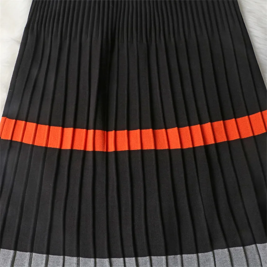 Осенне-зимняя винтажная Женская Полосатая плиссированная юбка средней длины с высокой талией, вязаная женская юбка трапециевидной формы WZ610