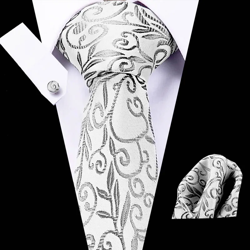 

Silver Floral 3" 100%Silk tie Slim Skinny Narrow Men Tie Necktie Handkerchief Pocket Square Cufflink Suit Set