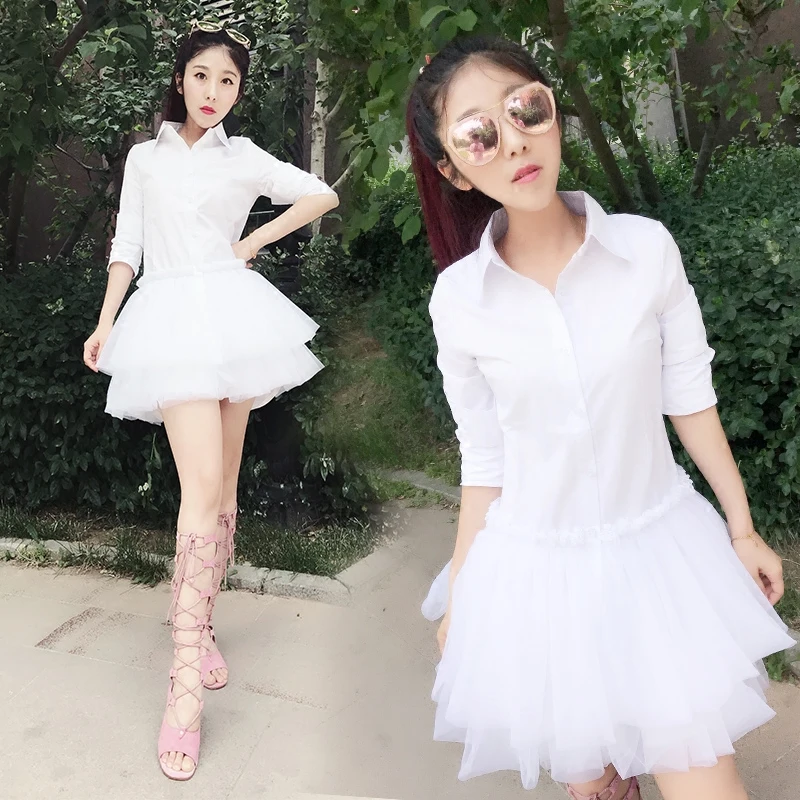 

2019 new shirt women spring and summer cotton spliced mesh long shirt