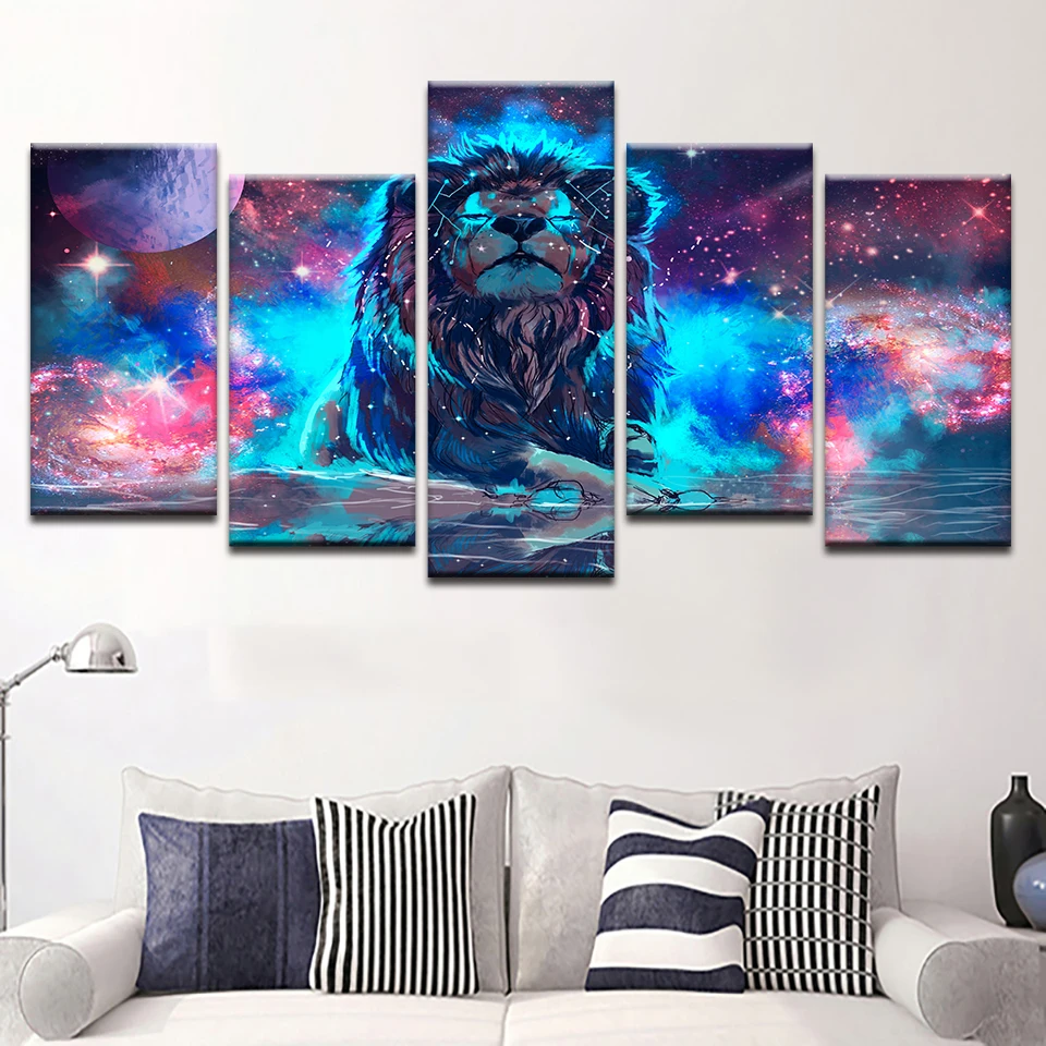 Wall Art Decor Framework Canvas Prints Paintings 5 Pieces Color Abstract Nebula Lion Constellation Poster Pictures Living Room