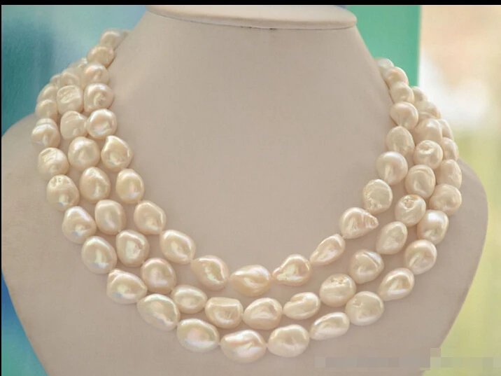 

FREE SHIPPING ******z6298 3strands 15mm white baroque freshwater cultured pearl necklace 19inch