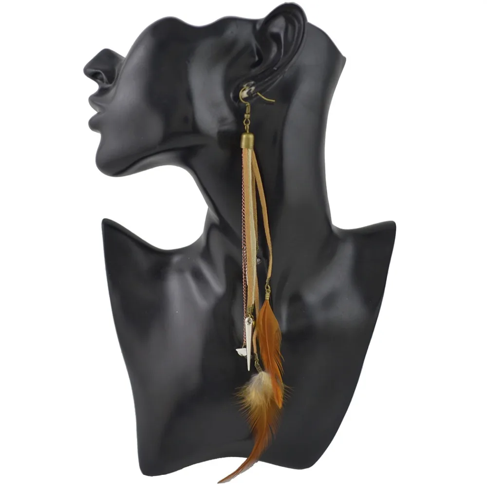 

New Fashion Vintage Bronze Metal Feather Resin Stone Bell Long Artificial Leather Pendant Dangle Earrings for Women Gift Jewelry