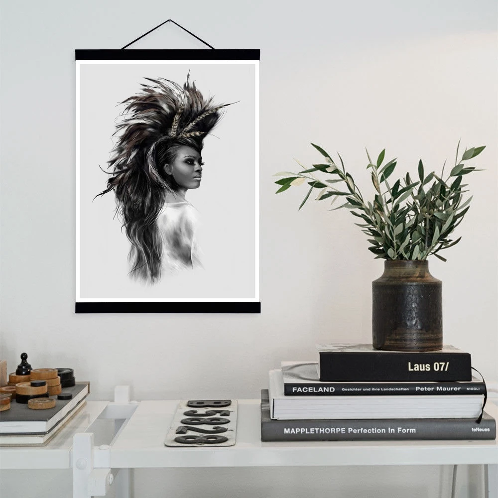 Black White Female Portraits Indian Hair Feather Girl Wooden Framed Canvas Painting Wall Art Print Pictures Poster Hanger Painting Calligraphy Aliexpress