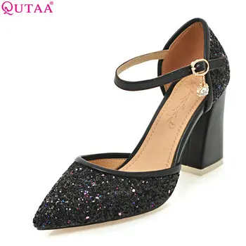 

QUTAA 2018 Women Pumps Westrn Style Fashion Pointed Toe Buckle Pu Leather Bliing Leisure Square Heel Ladies Pumps Szie 34-43