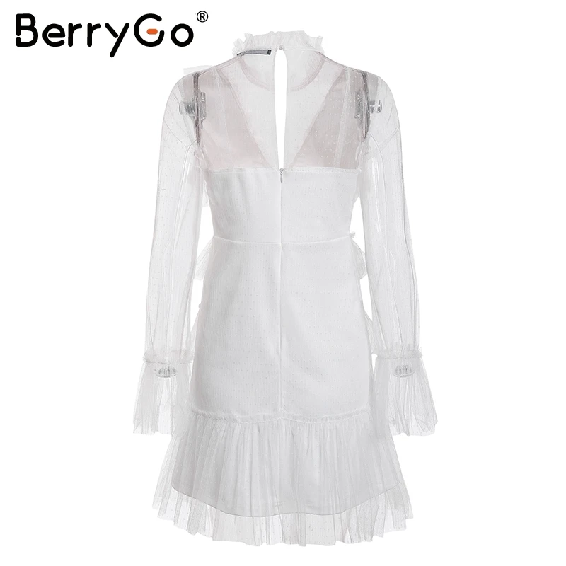 BerryGo женские платья, сексуальное Сетчатое платье в горошек с кисточками, летнее облегающее мини-платье с v-образным вырезом и длинным рукавом, элегантное праздничное платье