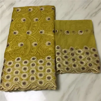 

Nice 5yards embroidery African cotton bazin lace fabric with 2yards net lace fabric for party dress EBN14