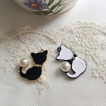 

20*30MM 20Pcs Black & White Cat Glass Pearl & Glazing KC Gold Pendants Alloy Charms Jewelry Pendants