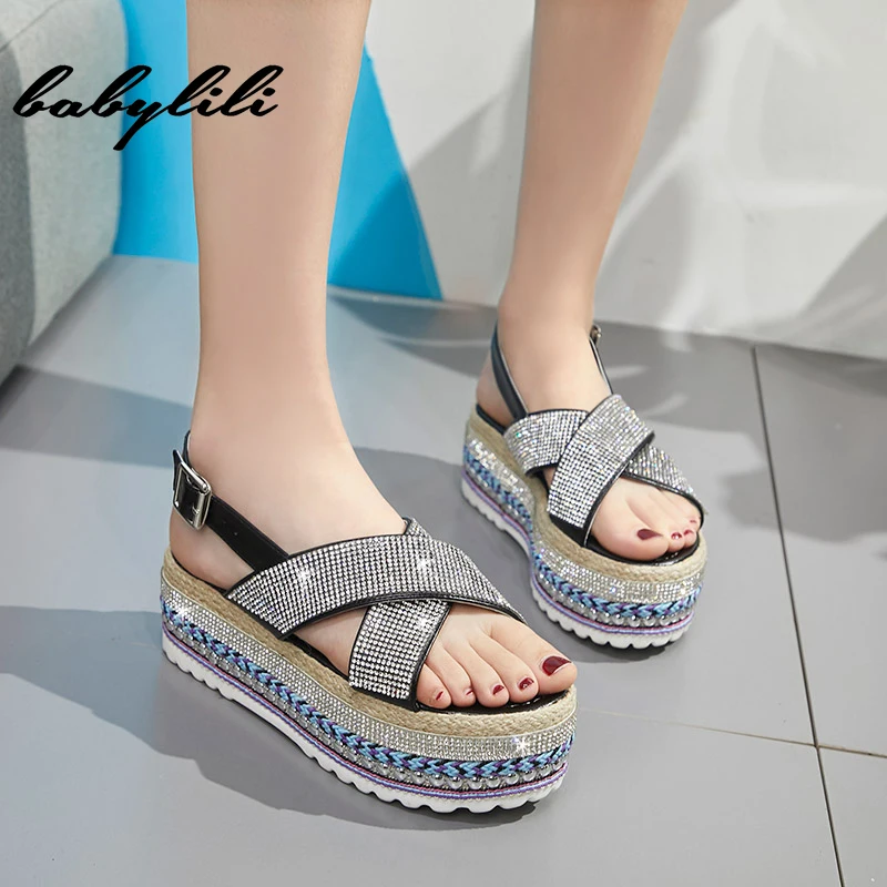 

2019 New Glitter Rhinestone Sandals Women Wedge Sandals Ladies Platform Chunky Silver Green Gold Sandals Cork Shoes Woman 5cm