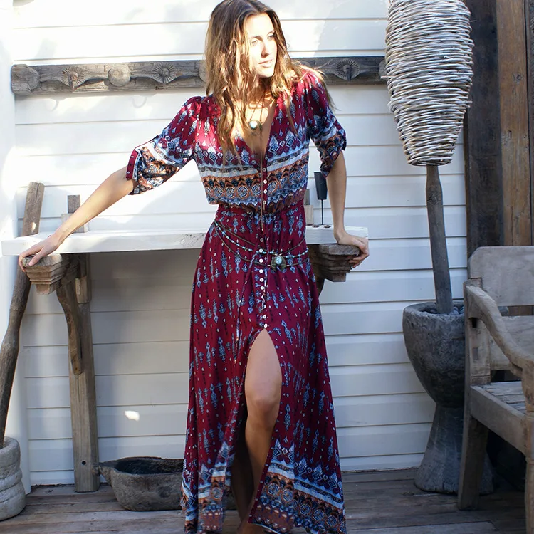 

2018 new Bohemian printing long dress women maxi long dress floral print retro hippie vestidos chic brand clothing boho dress