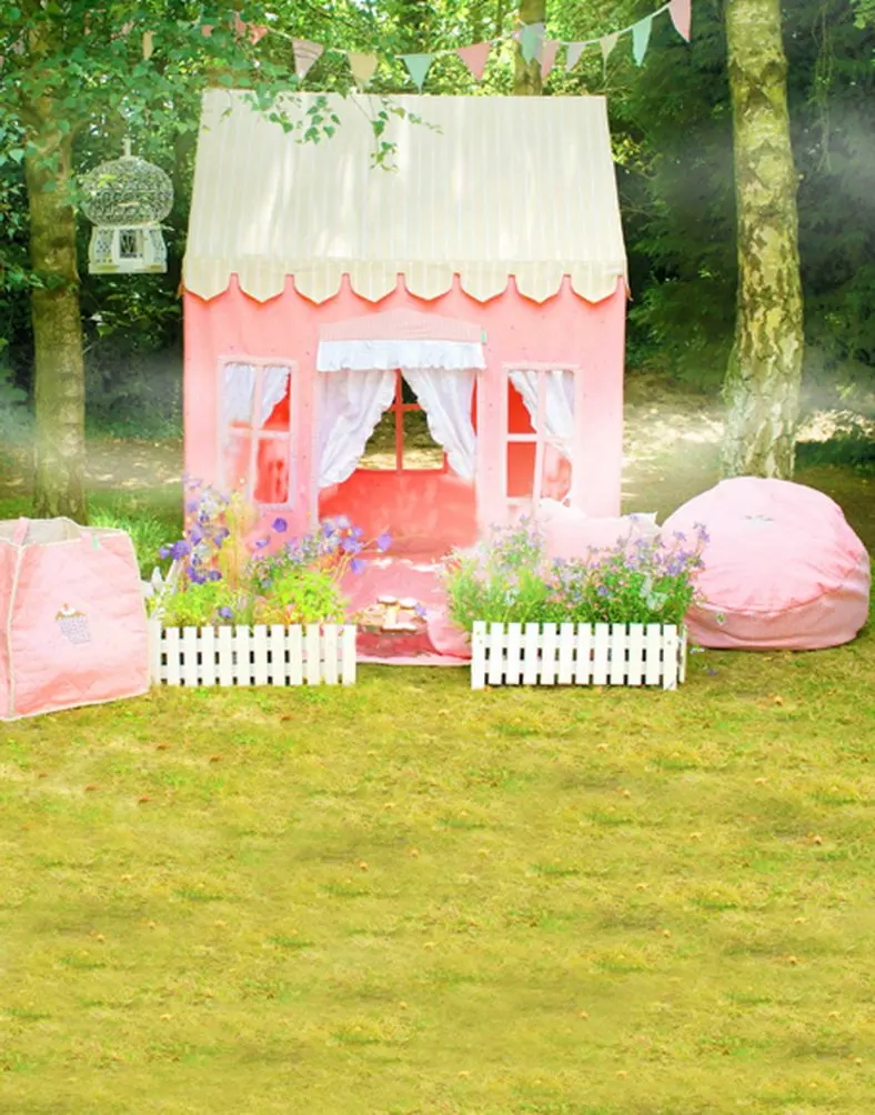 

Lawn Pink House Tree Photography Backdrops Photo Props Studio Background 5x7ft