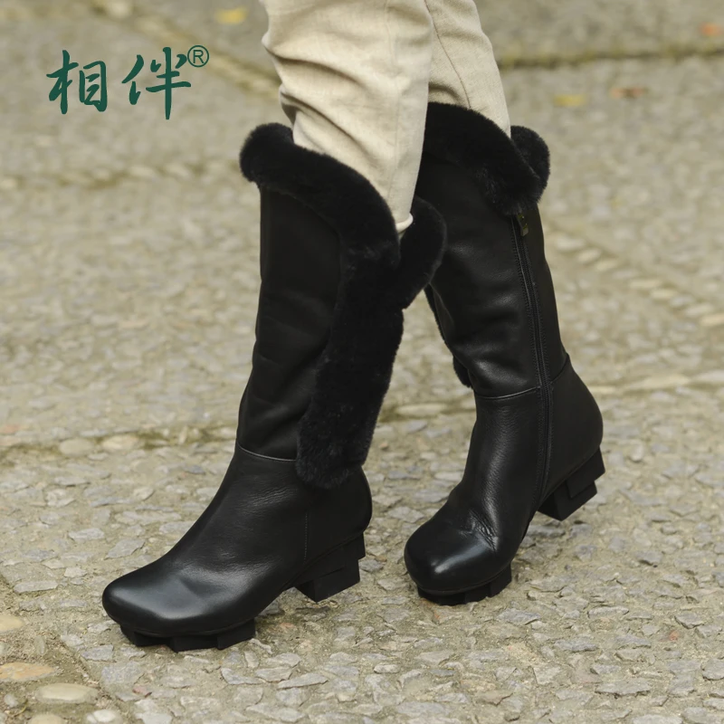 

Xiangban Chelsea boots women platform zipper high boots with hand-made leather top layer cowhide Plush lining cotton boots