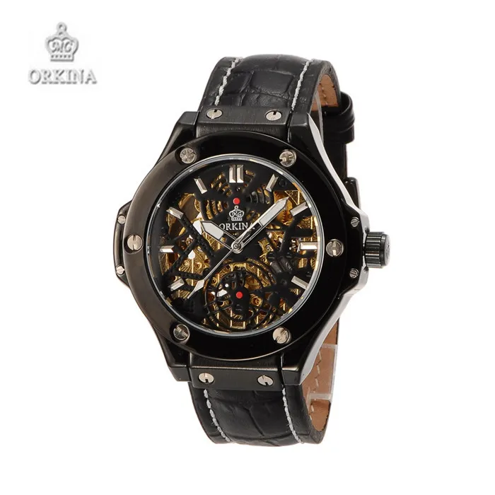 Men s Skeleton Mechanical WristWatches Luxury Brand ORKINA Black Leather Business Watches for Men