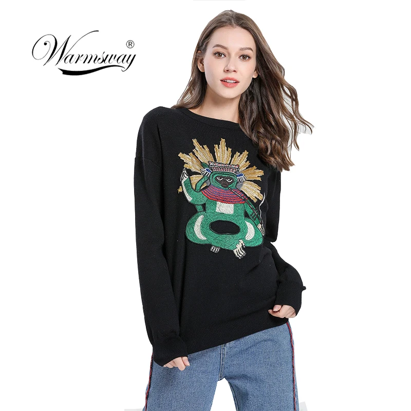 New Novelty Animal Patchwork Embroidery Long Sleeve Black Sweater Women Knitted O-neck Long Sleeve Pullover Jumper  C-212