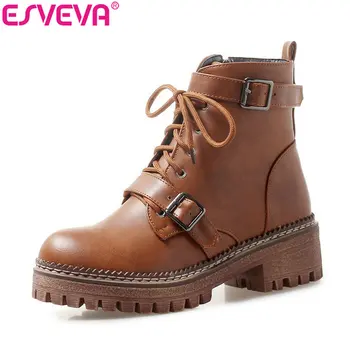 

ESVEVA 2020 Woman Boots Round Toe Western Style Shoes Zip Winter Women Ankle Boots Square Heels Shoes Platform High Heels 34-43