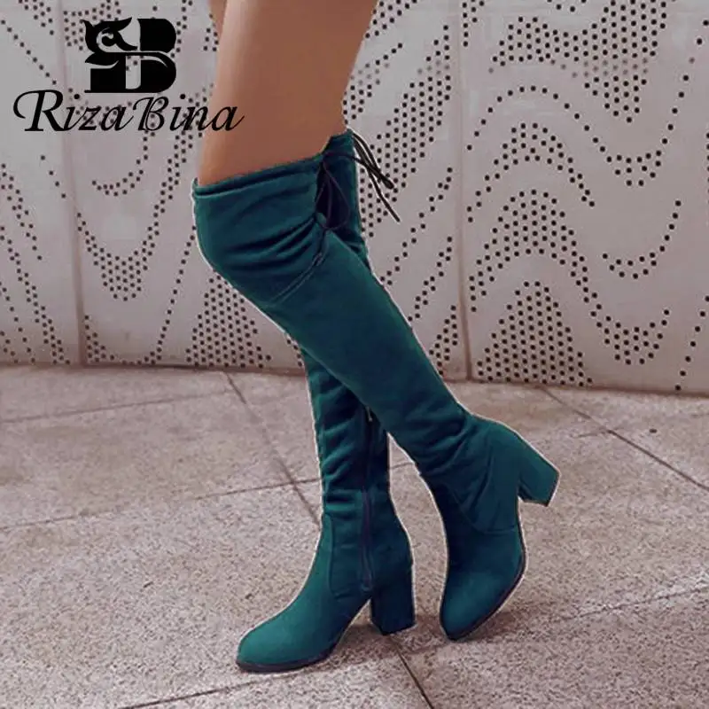 RIZABINA/женские Сапоги выше колена размера плюс 32-48, квадратный высокий каблук, шнуровка, зима-осень, Женская замшевая теплая обувь