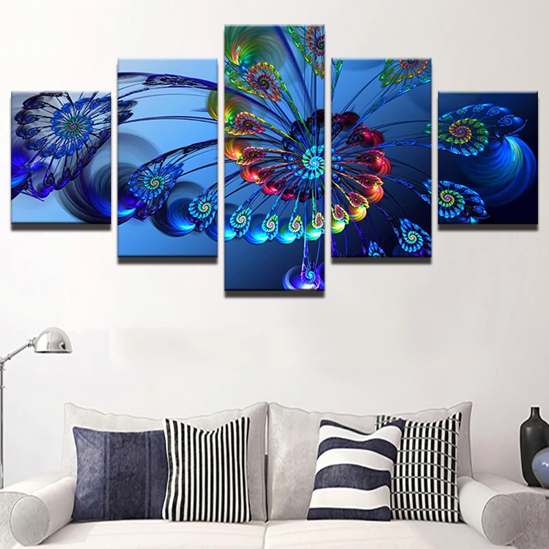 

Modular Print Picture Modern Frame For Painting Poster 5 Panel Beautiful Peacock Feathers Wall Art Living Kids Room Decor