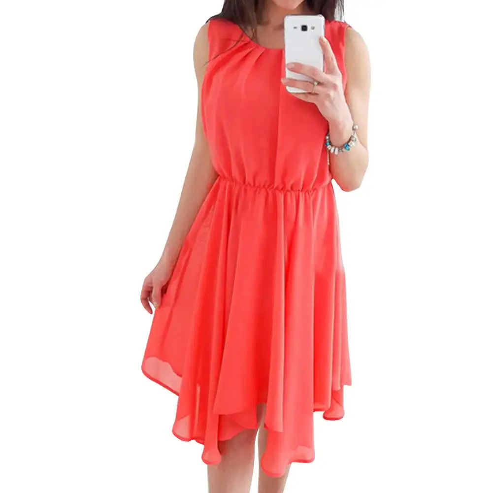 

Summer Fashion Women Sleeveless Solid Color Irregular Hem Chiffon Casual Dress