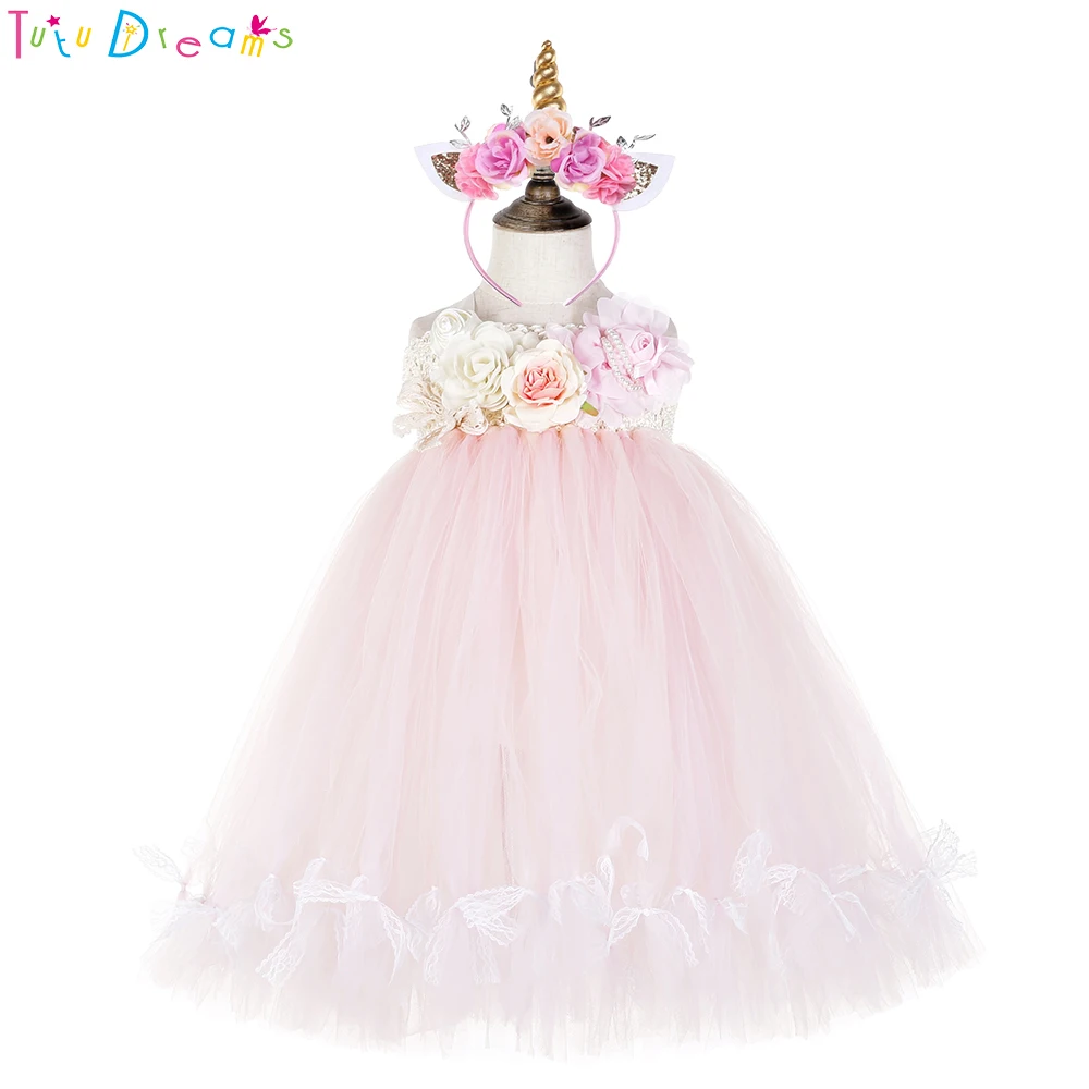 

Baby Girl Summer Flower Wedding Tutu Dress Princess Girls Teenage Newborn First Birthday Party Dresses and ivory Flower Headband