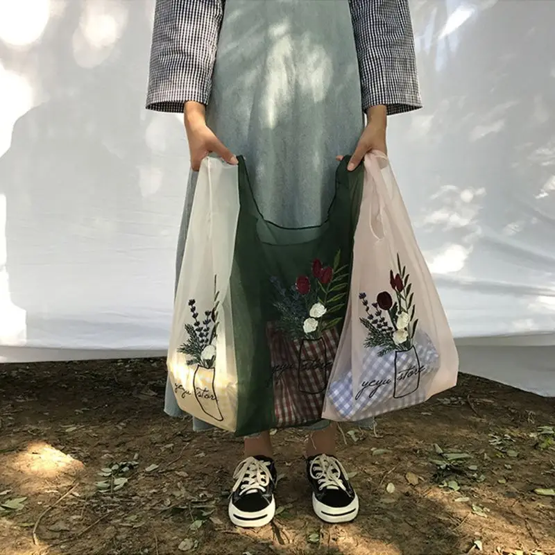 Embroidery Handy Shopping Bags Reusable Tote Pouch Recycle Storage Handbags