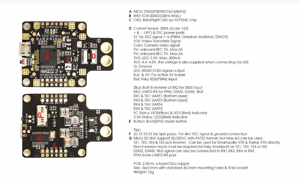 Mateksys игровые джойстики F405-AIO F405-CTR BetaFlight OSD DSHOT STM32F405RGT6 PDB 5В/2A MicroSD Blackbox 184A ток Сенсор