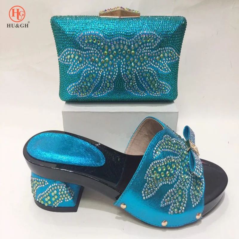 

2018 New Sky blue African Cyrstal wedding shoes with matching bags Set Italian woman shoe and bag set fashion shoes women Pumps