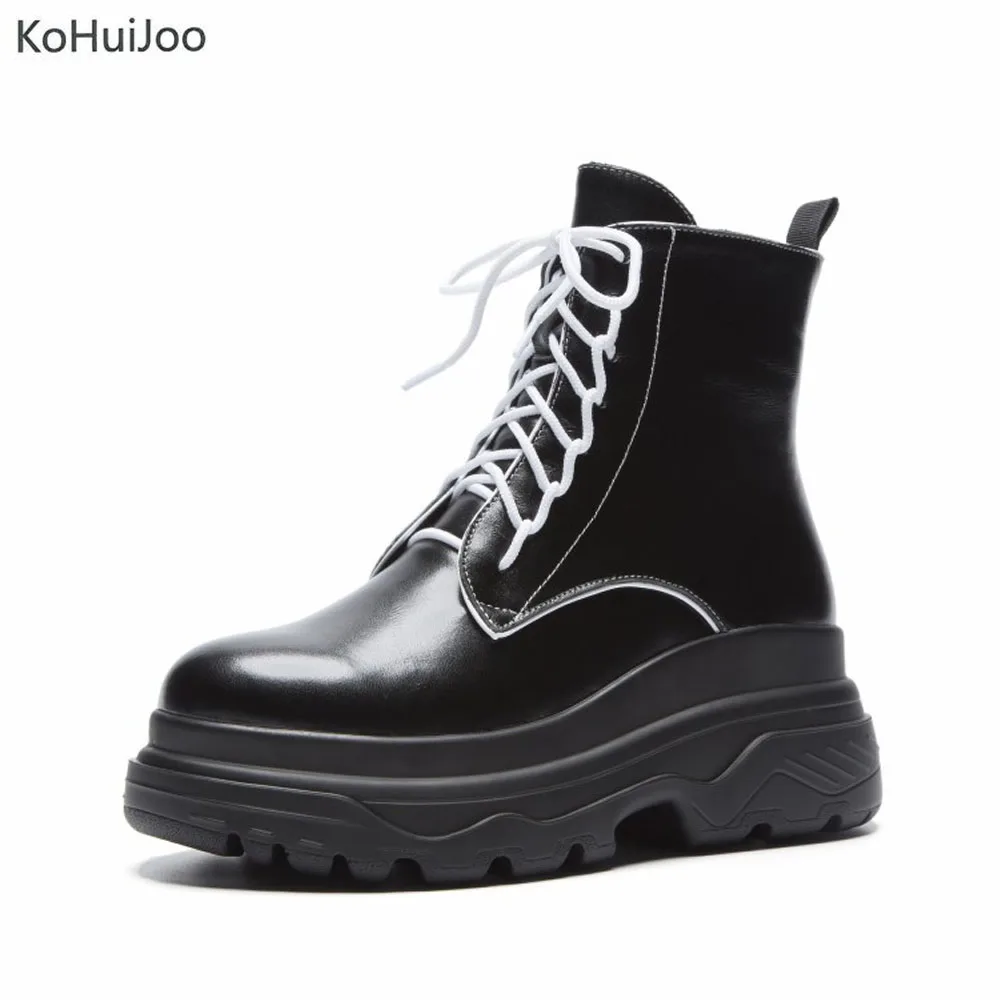 

KoHuiJoo Autumn Winter Ladies Fashion Martin Boots Women Lace Up Style Casual Platform Wedges Boots Genuine Leather Shoes
