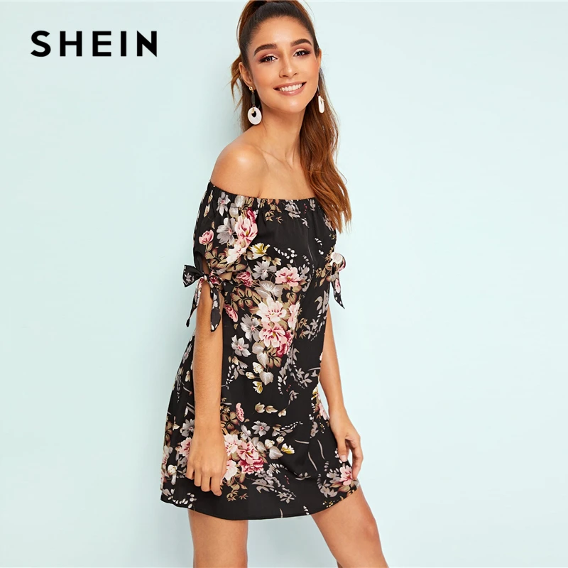 Женское платье с открытыми плечами SHEIN черное Бохо цветочным принтом и бантом