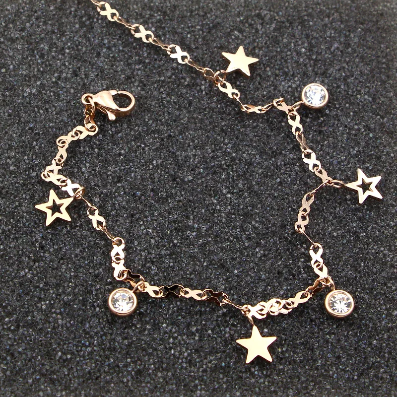 Горячие милые 8 форма цепи четыре звезды Три кристалла женские ножные браслеты Высокое качество Титановая сталь розового золотистого цвета женский как ножной браслет подарок