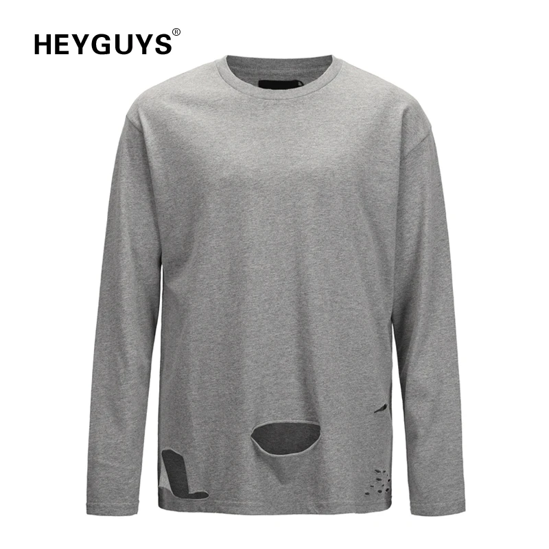 

HEYGUYS long sleeve T-shirt damage hole fashion brand summer LONG oversize pure color t shirts design long sleeve cotton street
