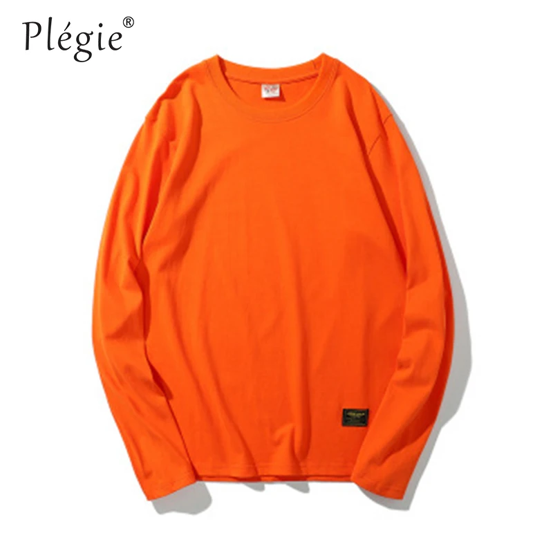 

Plegie T-shirt Men 2019 Autumn Long Sleeve Round Neck Loose Tshirts Unisex Street Tee Shirts Solid Color 100%Cotton