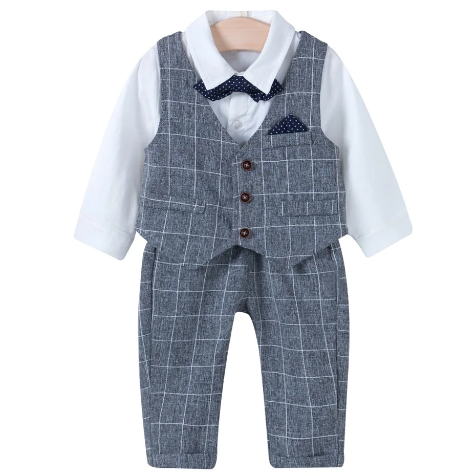 Famuka/Костюм Джентльмена для маленьких мальчиков Одежда для маленьких мальчиков рубашка+ штаны+ жилет костюм из 3 предметов Одежда для новорожденных мальчиков вечерние костюмы для первого дня рождения - Цвет: Grey