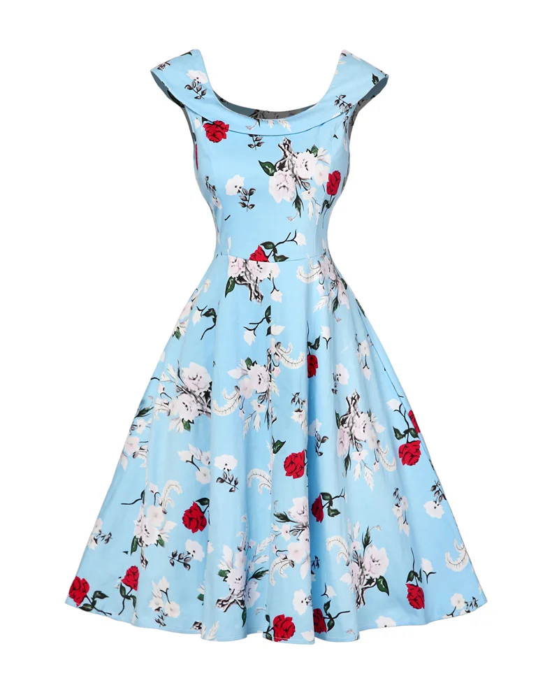 Kostlish A-Line Women Summer Dress Audrey Hepburn 50s 60s Floral Print Vintage Dress Women 2017 O-Neck Party Dresses Plus Size (107)