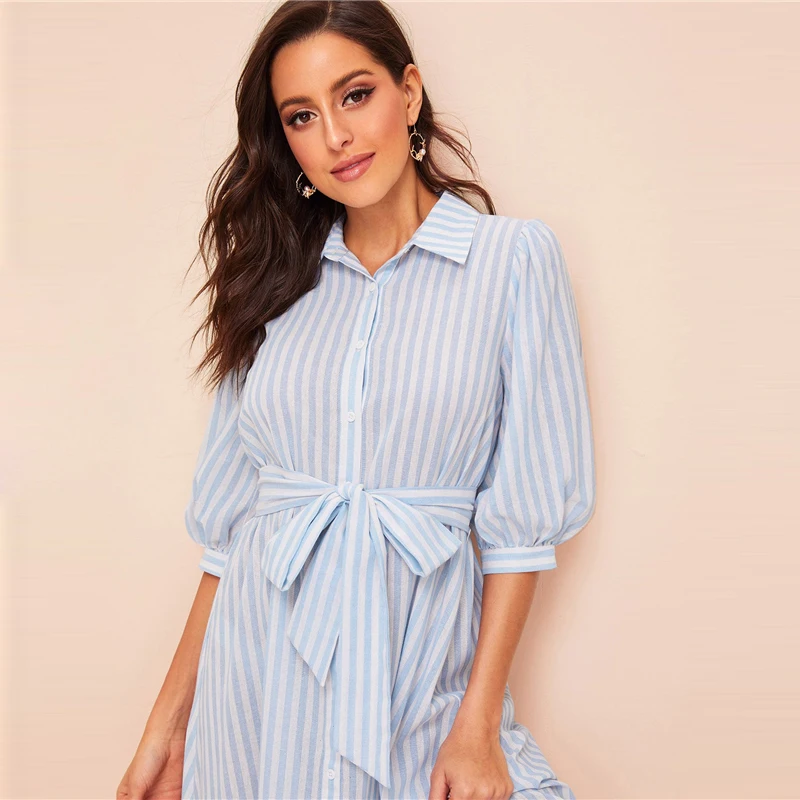 SHEIN платье-рубашка с рукавом-фонариком в полоску, с поясом,, пуговица, рукав до локтя, летнее платье, бохо, синие и белые женские платья