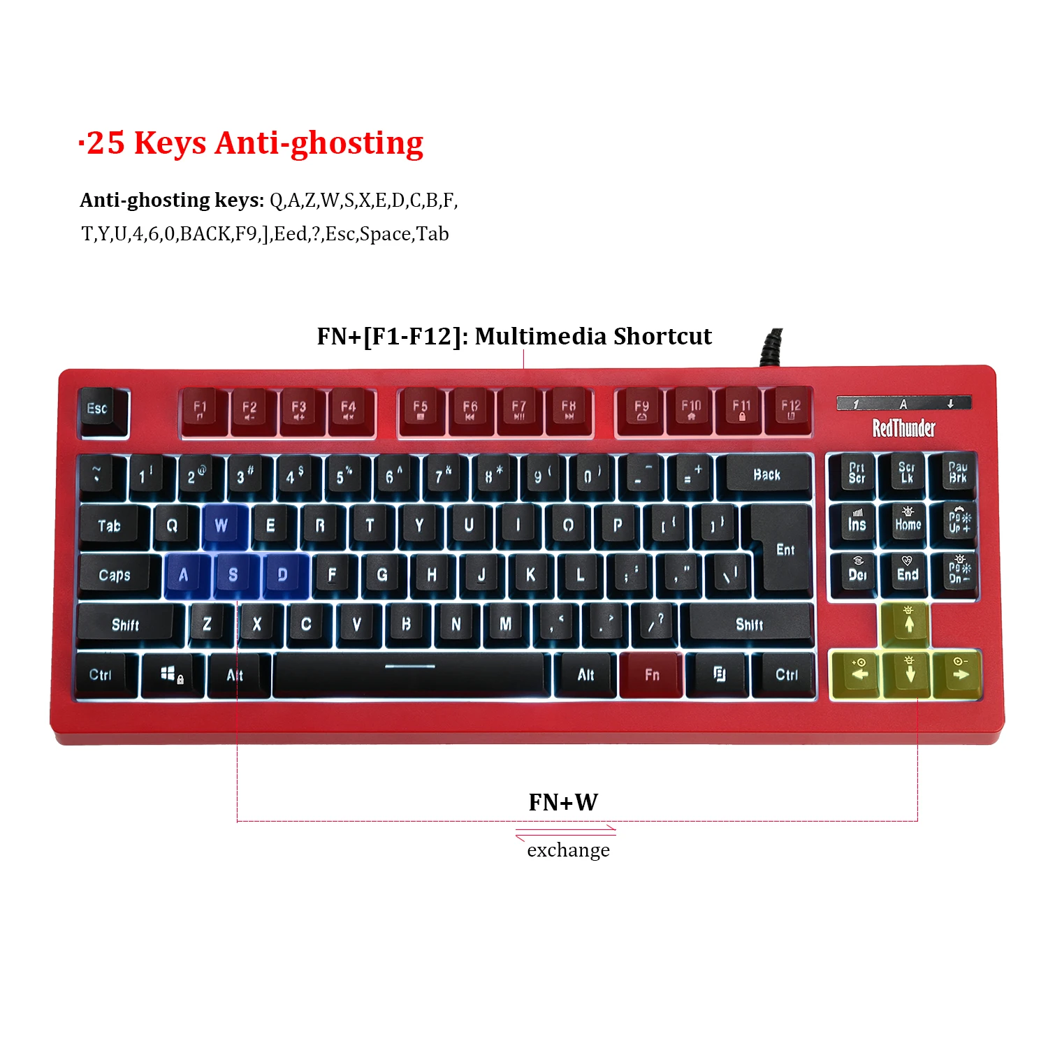 Проводная компьютерная клавиатура RedThunder K870 с RGB подсветкой, 87 клавиш, питание от USB, для настольного компьютера, ноутбука, игр и набора текста