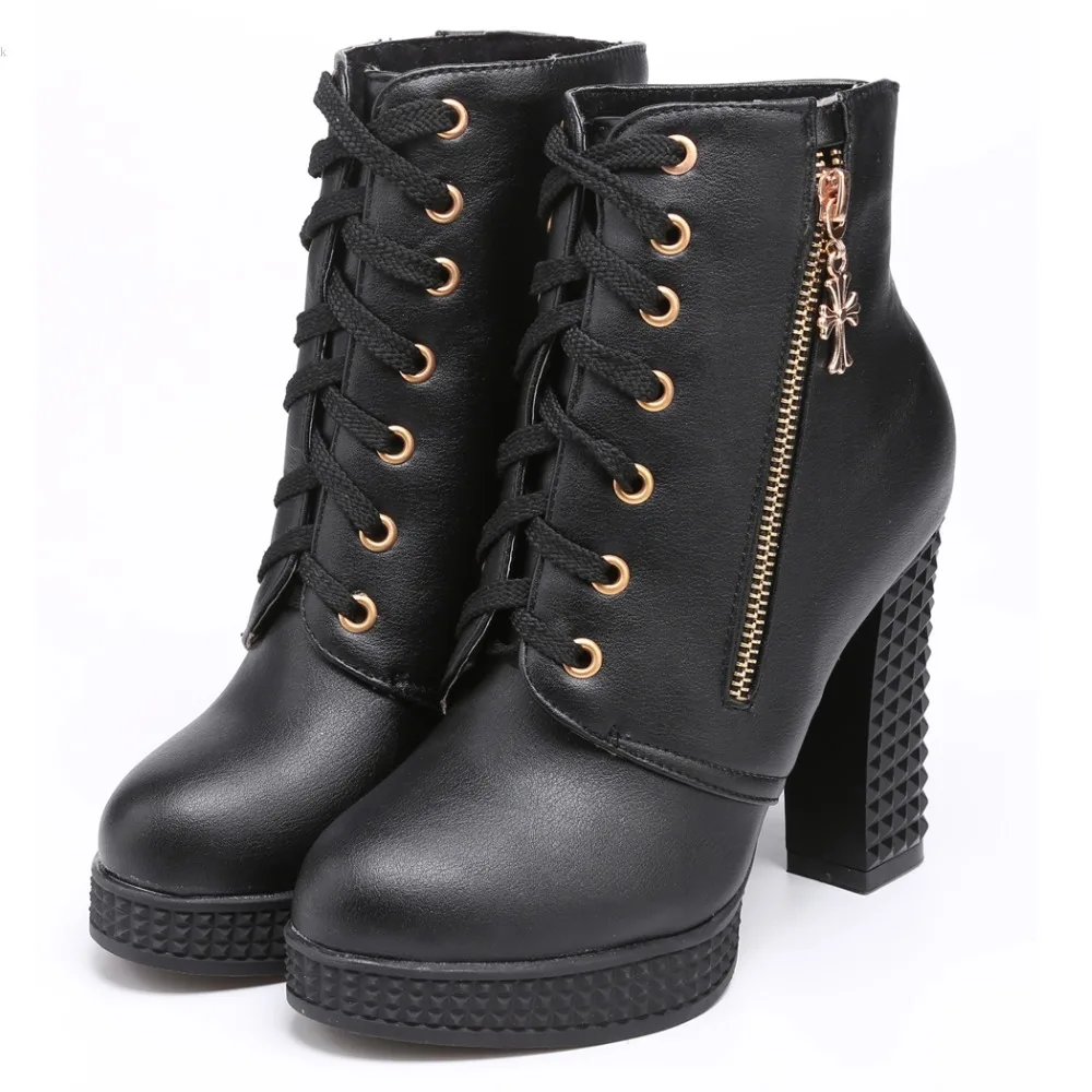 

2017 Fashion Women Black Martin Boots Side Zip Faux Leather Lace Up Platform Square High Heel Punk Ankle Motorcycle Boot