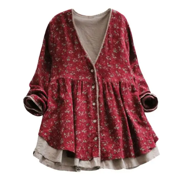 YoYiKamomo женские топы Mori Girl Осенняя хлопковая льняная рубашка с цветочным принтом женская Свободная блуза из двух частей с v-образным вырезом