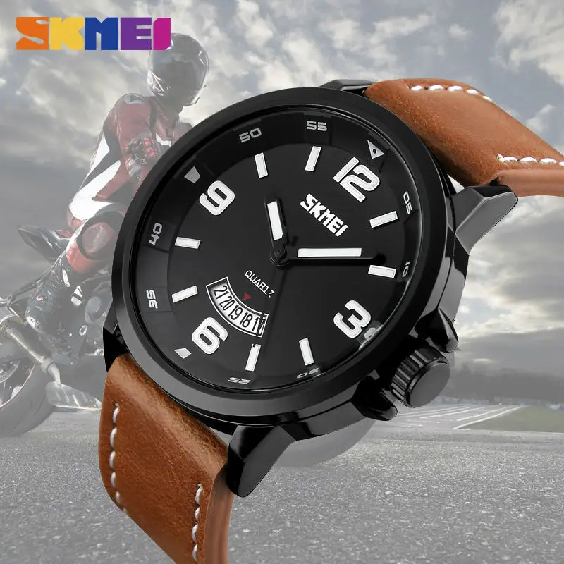 SKMEI 2019 Top Reloj Men Quartz Watch Large Dial Military Leather Band Sport Watches Wristwatches C