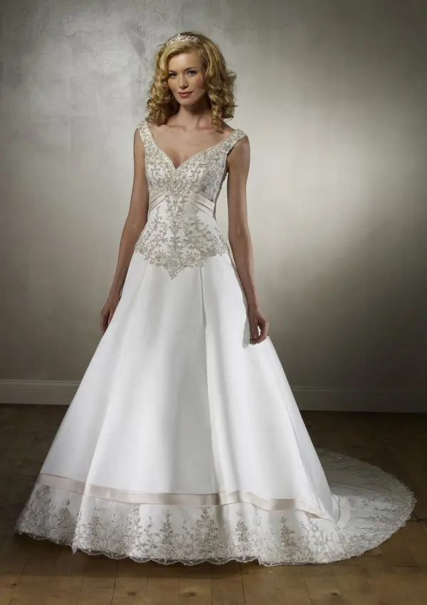 Gorgeous V Neck Basque Waistline Bride Dress Embroidered Satin
