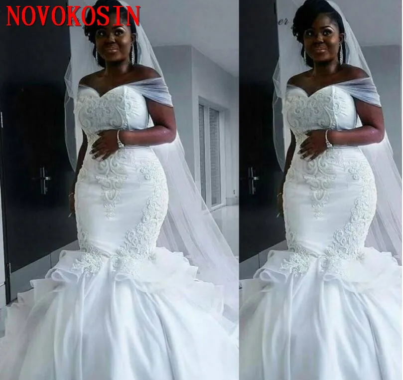 

Real Appliqued Beading Crystal Wedding Dresses Mermaid Off Shoulder Ruched Bridal Gowns Plus Size Robe de mariee en dentelle