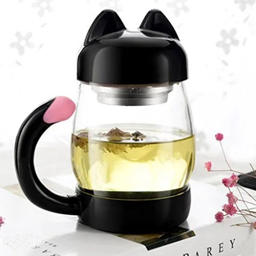 Cat Glass Tea Cup Mug with a Lid Strainer Filter, Cute Cat Coffee Mug Tail Handle for Children Child Cat Lover Christmas Gift 420ML14OZ (Black)1