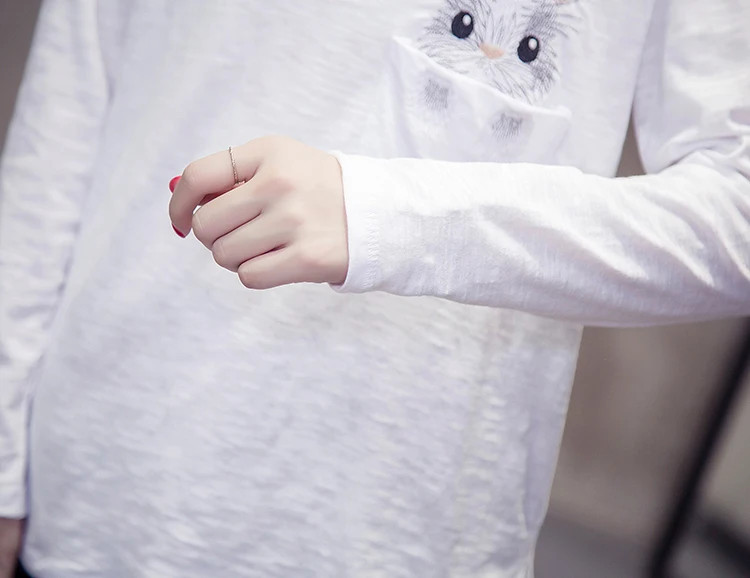 Jielur Осенняя женская футболка с вышивкой кролика милые корейские футболки с длинными рукавами белые черные футболки с круглым вырезом для девочек m-xxl