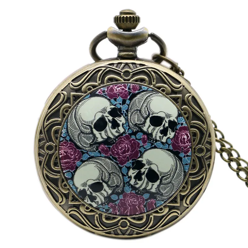 Hot Sale Retro Four Skull Heads & Rose Pocket Watch With Necklace Chain