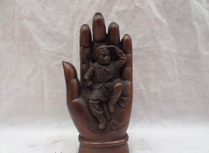 

song voge gem S5266 6" Chinese Pure Bronze Monkey King Sun Wukong In Shakyamuni Buddha Hand Statue