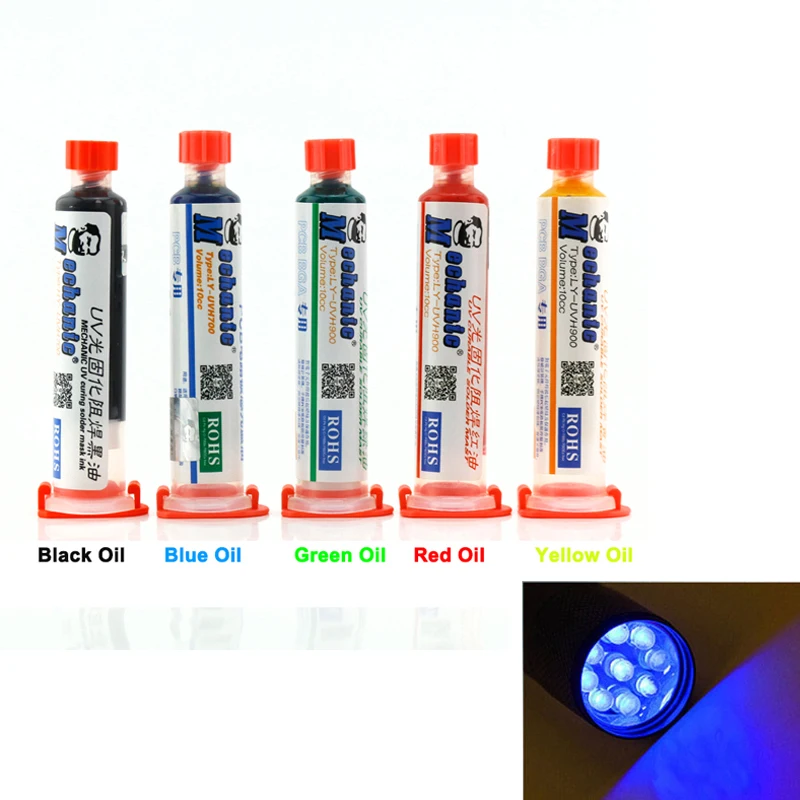 

MECHANIC 10CC UV SOLDER MASK PCB BGA PAINT PREVENT CORROSIVE ARCING Soldering Welding Fluxes Oil+9led UV curing light
