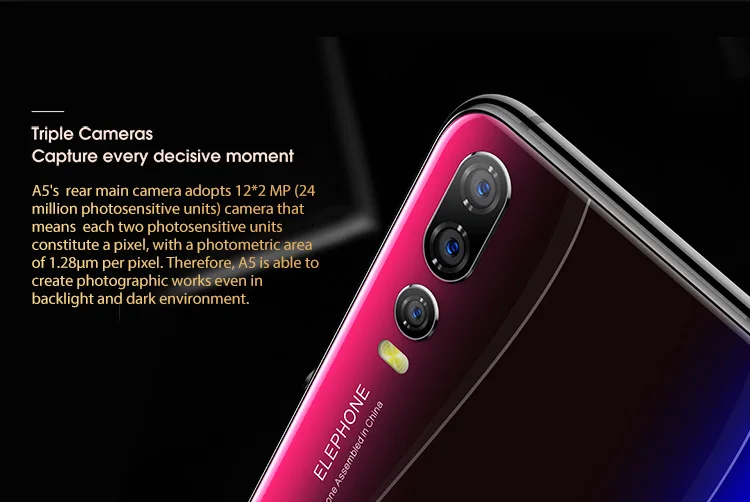 European Union Version ELEPHONE A5 4GB RAM 64GB ROM Helio P60 MTK6771 2.0GHz Octa Core 6.18 Inch Incell FHD+ Full Screen Triple Camera Android 8.1 4G LTE Smartphone